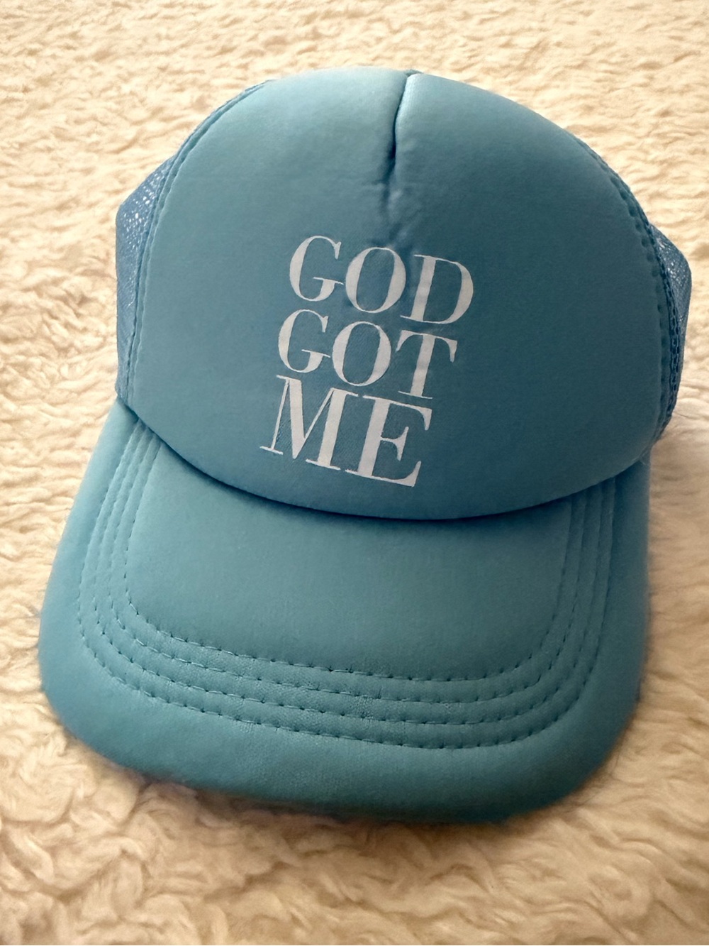 5 for $25! Aqua Trucker Hat with "GOD GOT ME" Graphic